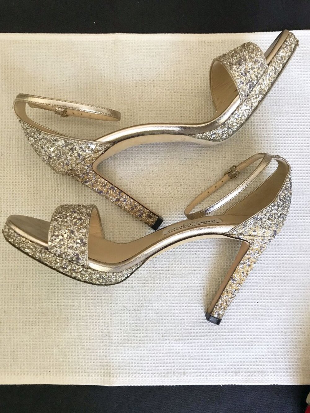 JIMMY CHOO Misty Metallic Glitter Sandal in Champagne, size 38 (US 8), Imperfect - Picture 10 of 16